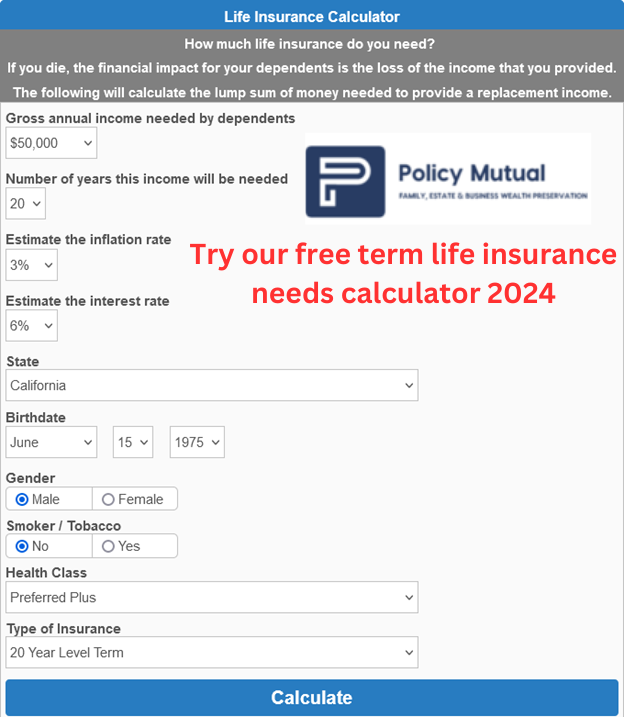 Free online term life insurance needs calculator, calculate total amount of insurance coverage needed and term duration 2024